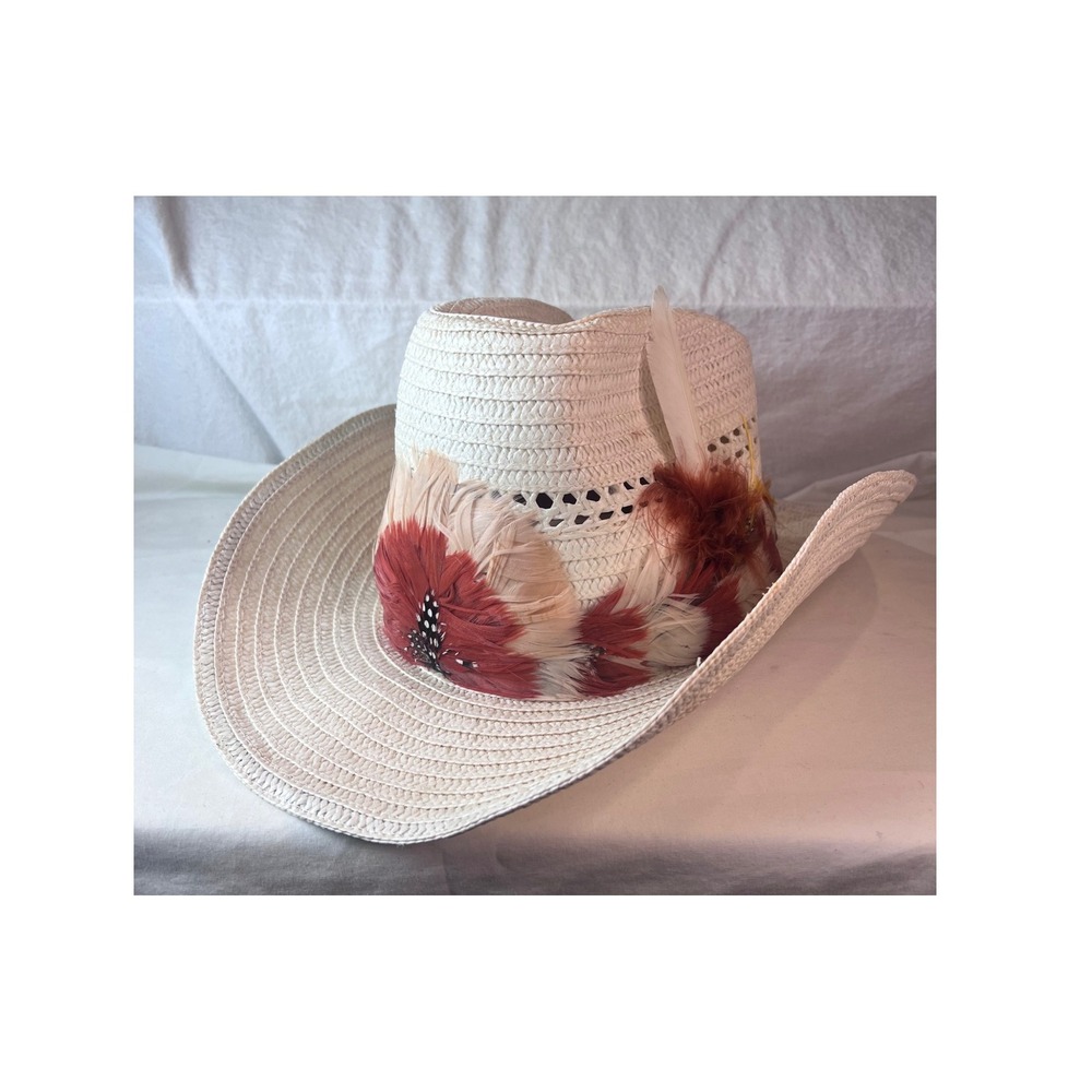 White Straw Cowboy Hat with Feather Band Western Boho Festival Hat Size 7 1/8 M